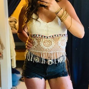 Boutique crochet fringe beaded halter tank small